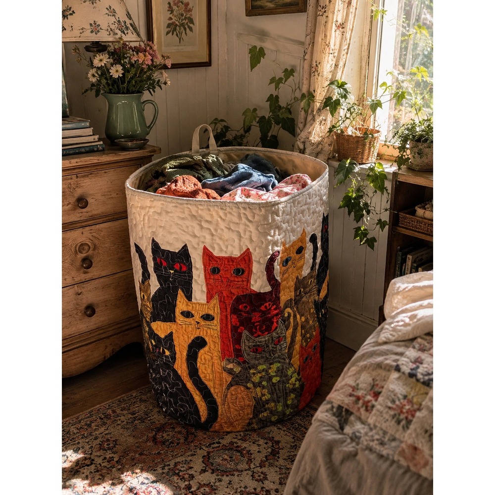 Cat Kitty Quilted Laundry Hamper Large Multicolor Cat Graphic Storage Bin